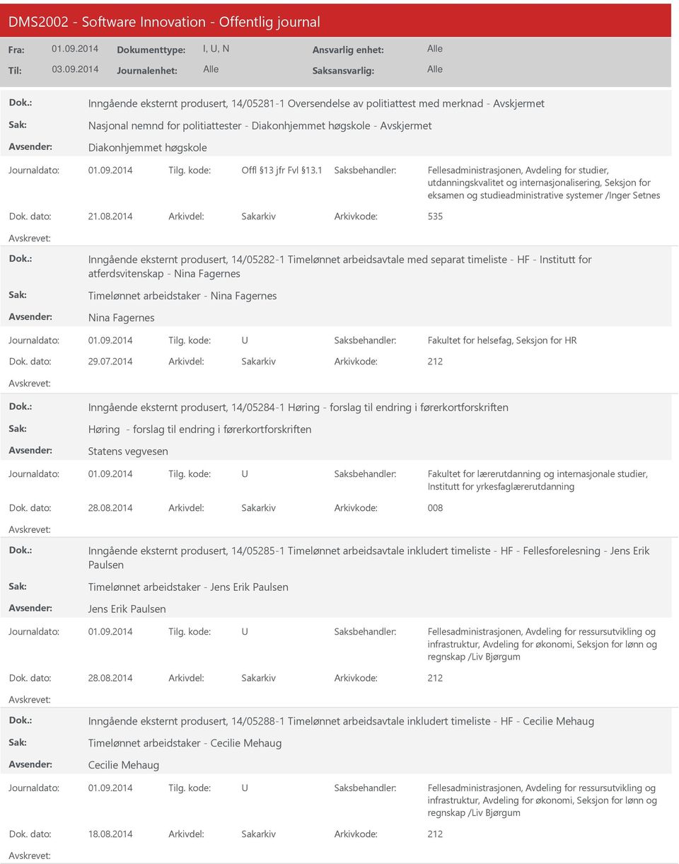 2014 Arkivdel: Sakarkiv Inngående eksternt produsert, 14/05282-1 Timelønnet arbeidsavtale med separat timeliste - HF - Institutt for atferdsvitenskap - Nina Fagernes Timelønnet arbeidstaker - Nina