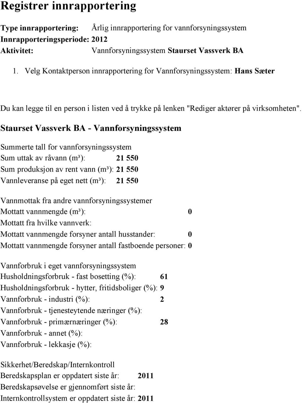 Vannmottak fra andre vannforsyningssystemer Mottatt vannmengde (m³): 0 Mottatt fra hvilke vannverk: Mottatt vannmengde forsyner antall husstander: 0 Mottatt vannmengde forsyner antall fastboende