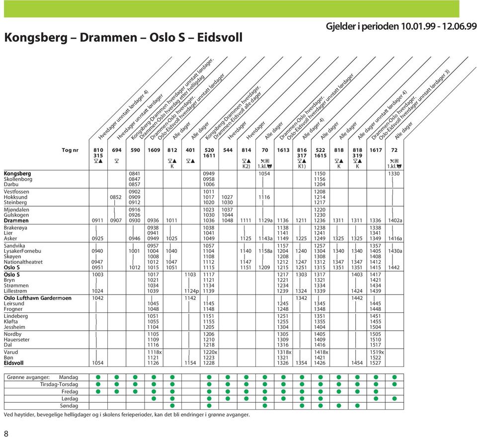 Oslo-Eidsvoll hverdager unntatt lørdager 4) unntatt lørdager 4) Drammen-Oslo hverdager.