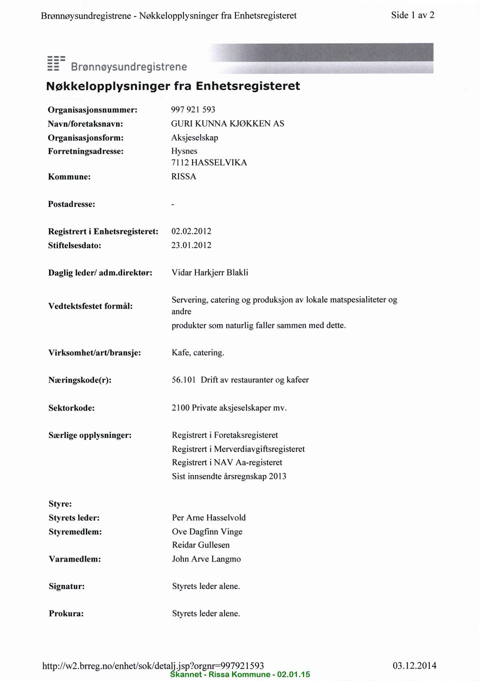 01.2012 Daglig leder/ adm.direktør: Vidar Harkjerr Blakli Vedtektsfestet formål: Servering, catering og produksjon av lokale matspesialiteter og andre produkter som naturlig faller sammen med dette.