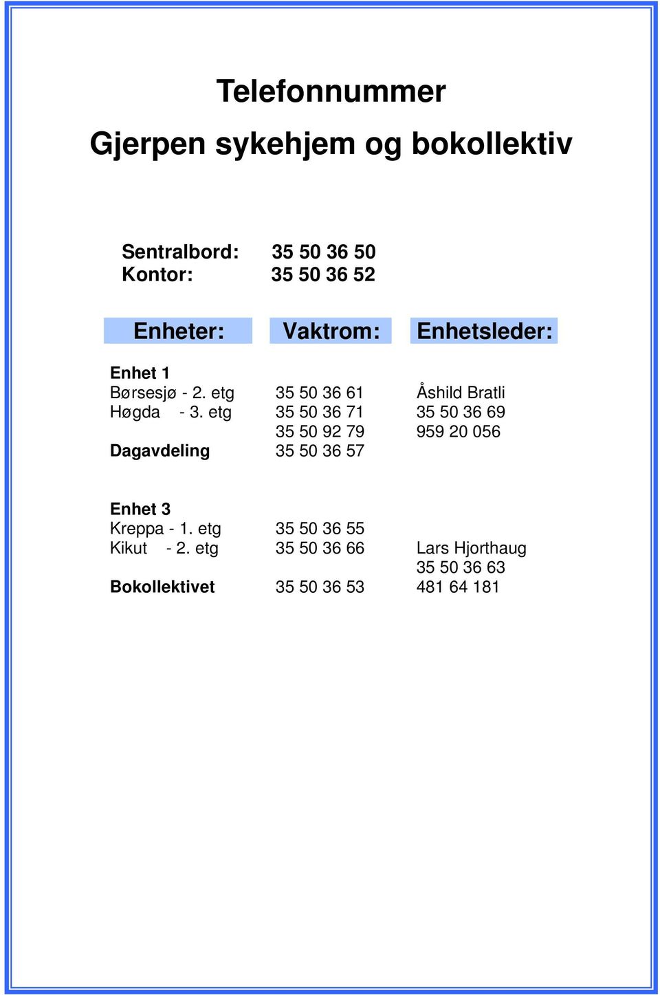 etg Dagavdeling 35 50 36 61 35 50 36 71 35 50 92 79 35 50 36 57 Åshild Bratli 35 50 36 69 959 20 056 Enhet