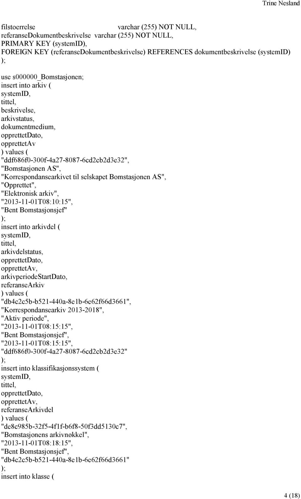 arkiv", "2013-11-01T08:10:15", "Bent Bomstasjonsjef" insert into arkivdel ( arkivdelstatus, arkivperiodestartdato, referansearkiv "db4c2c5b-b521-440a-8e1b-6e62f66d3661", "Korrespondansearkiv