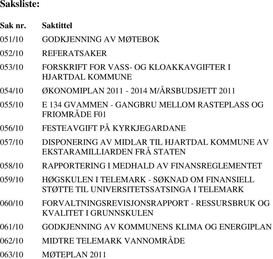 055/10 E 134 GVAMMEN - GANGBRU MELLOM RASTEPLASS OG FRIOMRÅDE F01 056/10 FESTEAVGIFT PÅ KYRKJEGARDANE 057/10 DISPONERING AV MIDLAR TIL HJARTDAL KOMMUNE AV EKSTARAMILLIARDEN