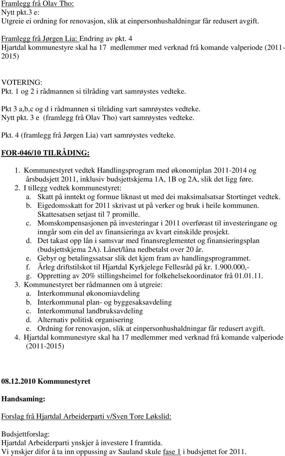 Pkt 3 a,b,c og d i rådmannen si tilråding vart samrøystes vedteke. Nytt pkt. 3 e (framlegg frå Olav Tho) vart samrøystes vedteke. Pkt. 4 (framlegg frå Jørgen Lia) vart samrøystes vedteke.