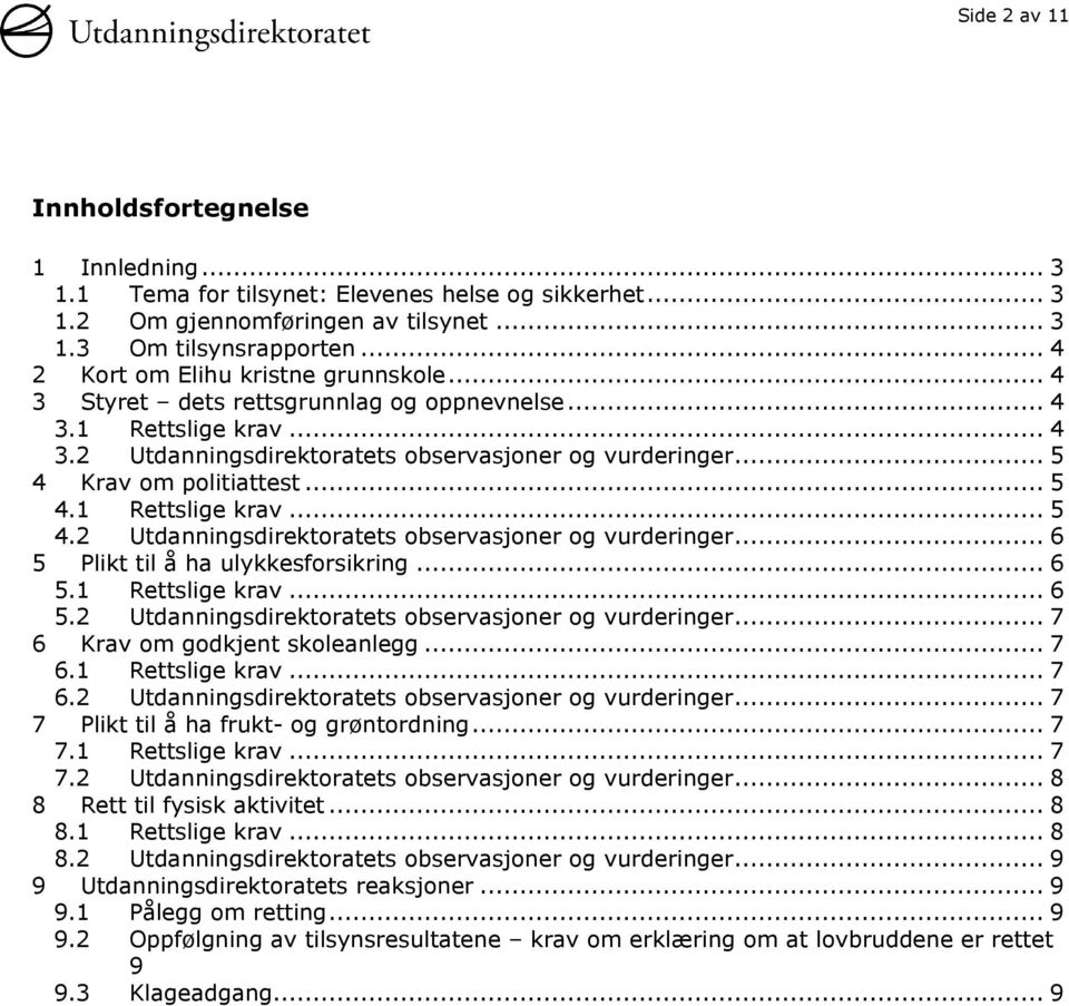 .. 5 4.1 Rettslige krav... 5 4.2 Utdanningsdirektoratets observasjoner og vurderinger... 6 5 Plikt til å ha ulykkesforsikring... 6 5.1 Rettslige krav... 6 5.2 Utdanningsdirektoratets observasjoner og vurderinger... 7 6 Krav om godkjent skoleanlegg.