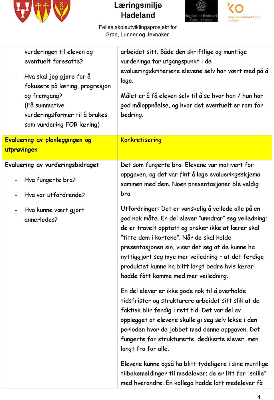 - Hva kunne vært gjort annerledes? arbeidet sitt. Både den skriftlige og muntlige vurderinga tar utgangspunkt i de evalueringskriteriene elevene selv har vært med på å lage.