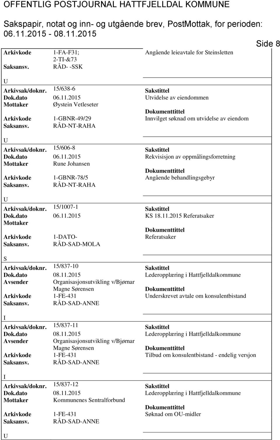 2015 Rekvisisjon av oppmålingsforretning Mottaker Rune Johansen Arkivkode 1-GBNR-78/5 Angående behandlingsgebyr Arkivsak/doknr. 15/1007-1 Sakstittel Dok.dato 06.11.