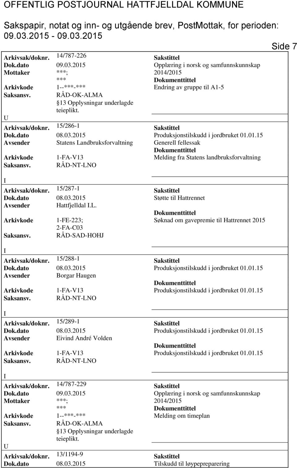 15/287-1 Sakstittel Dok.dato 08.03.2015 Støtte til Hattrennet Avsender Hattfjelldal.L. Arkivkode 1-FE-223; Søknad om gavepremie til Hattrennet 2015 2-FA-C03 Saksansv. RÅD-SAD-HOHJ Arkivsak/doknr.