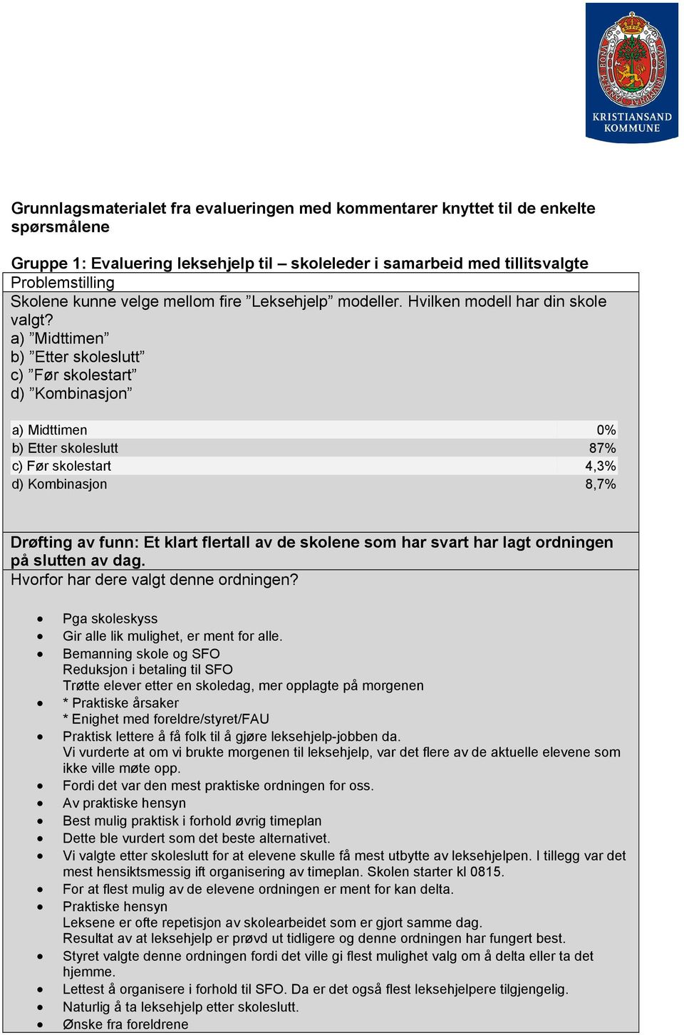 a) Midttimen b) Etter skoleslutt c) Før skolestart d) Kombinasjon a) Midttimen 0% b) Etter skoleslutt 87% c) Før skolestart 4,3% d) Kombinasjon 8,7% Drøfting av funn: Et klart flertall av de skolene