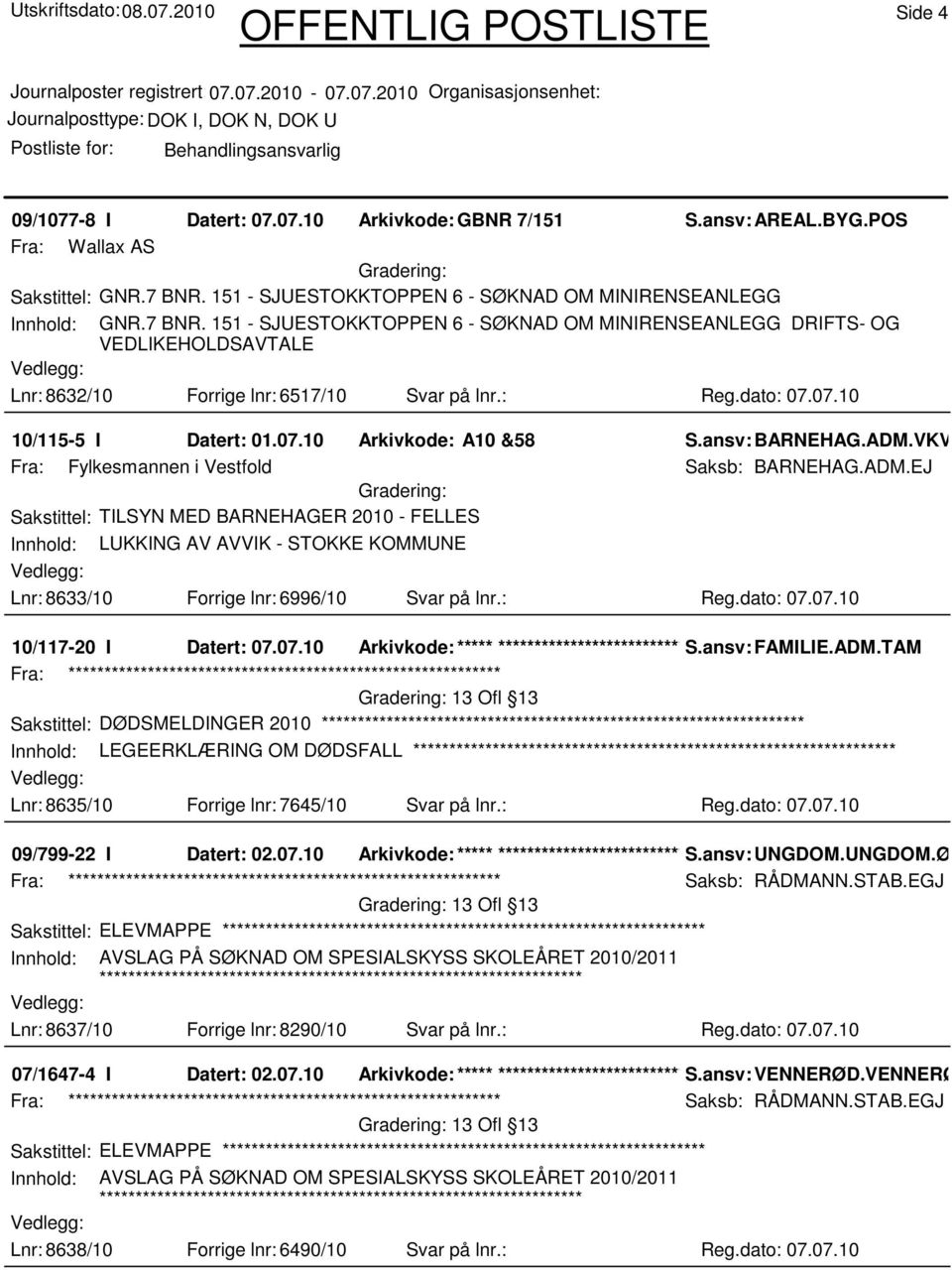 : Reg.dato: 07.07.10 10/115-5 I Datert: 01.07.10 Arkivkode: A10 &58 S.ansv: BARNEHAG.ADM.