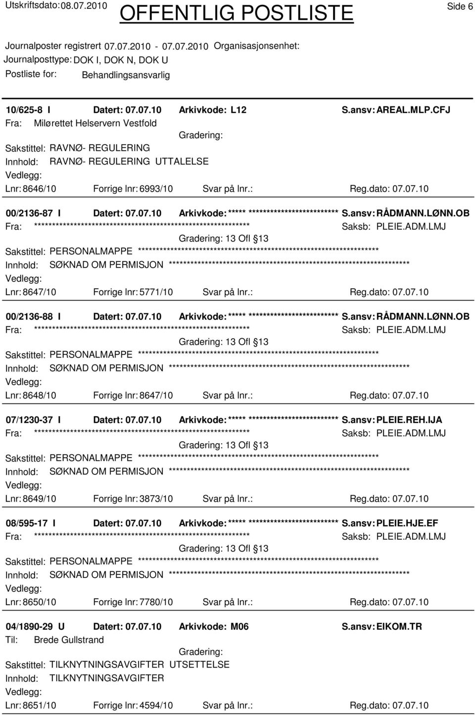 07.10 Arkivkode:***** ****************************** S.ansv: RÅDMANN.LØNN.OB Saksb: PLEIE.ADM.LMJ 13 Ofl 13 Innhold: SØKNAD OM PERMISJON Lnr: 8647/10 Forrige lnr: 5771/10 Svar på lnr.: Reg.dato: 07.