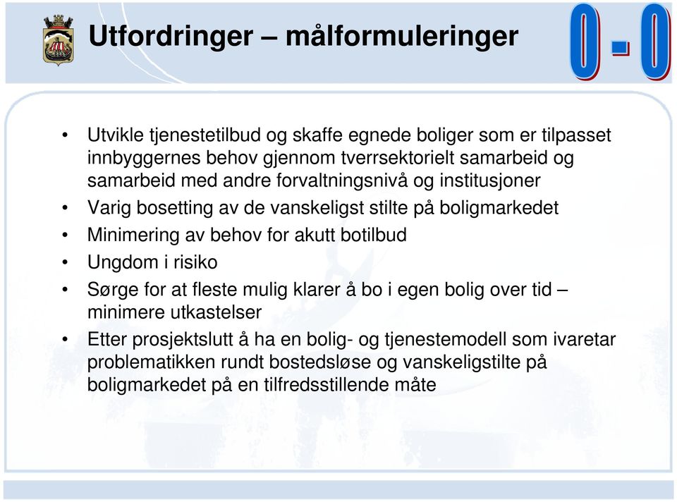 behov for akutt botilbud Ungdom i risiko Sørge for at fleste mulig klarer å bo i egen bolig over tid minimere utkastelser Etter