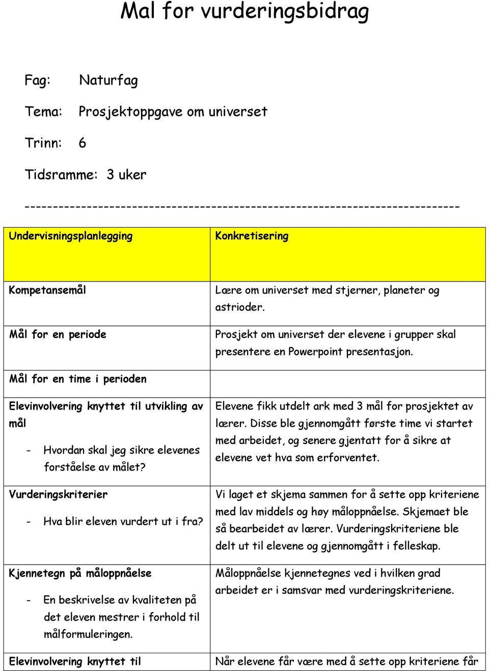 Prosjekt om universet der elevene i grupper skal presentere en Powerpoint presentasjon.