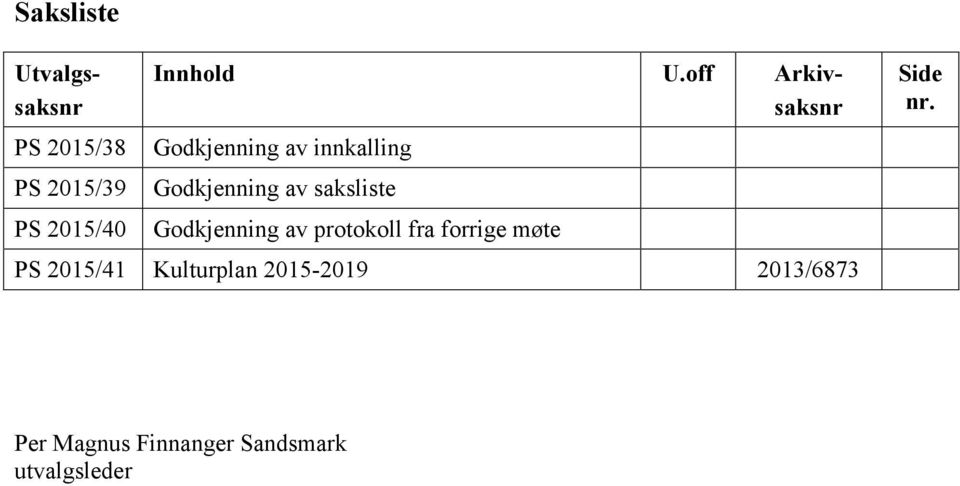 Godkjenning av protokoll fra forrige møte PS 2015/41 Kulturplan