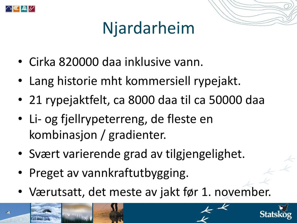 21 rypejaktfelt, ca 8000 daa til ca 50000 daa Li- og fjellrypeterreng, de