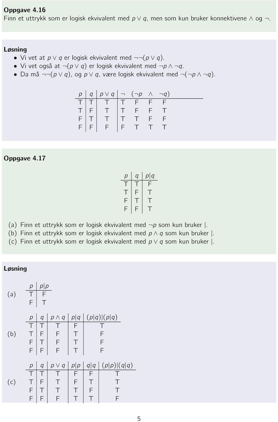 p q p q ( p q) T T T T F F F T F T T F F T F T T T T F F F F F F T T T Oppgave 4.17 p q p q T T F T F T F T T F F T (a) Finn et uttrykk som er logisk ekvivalent med p som kun bruker.