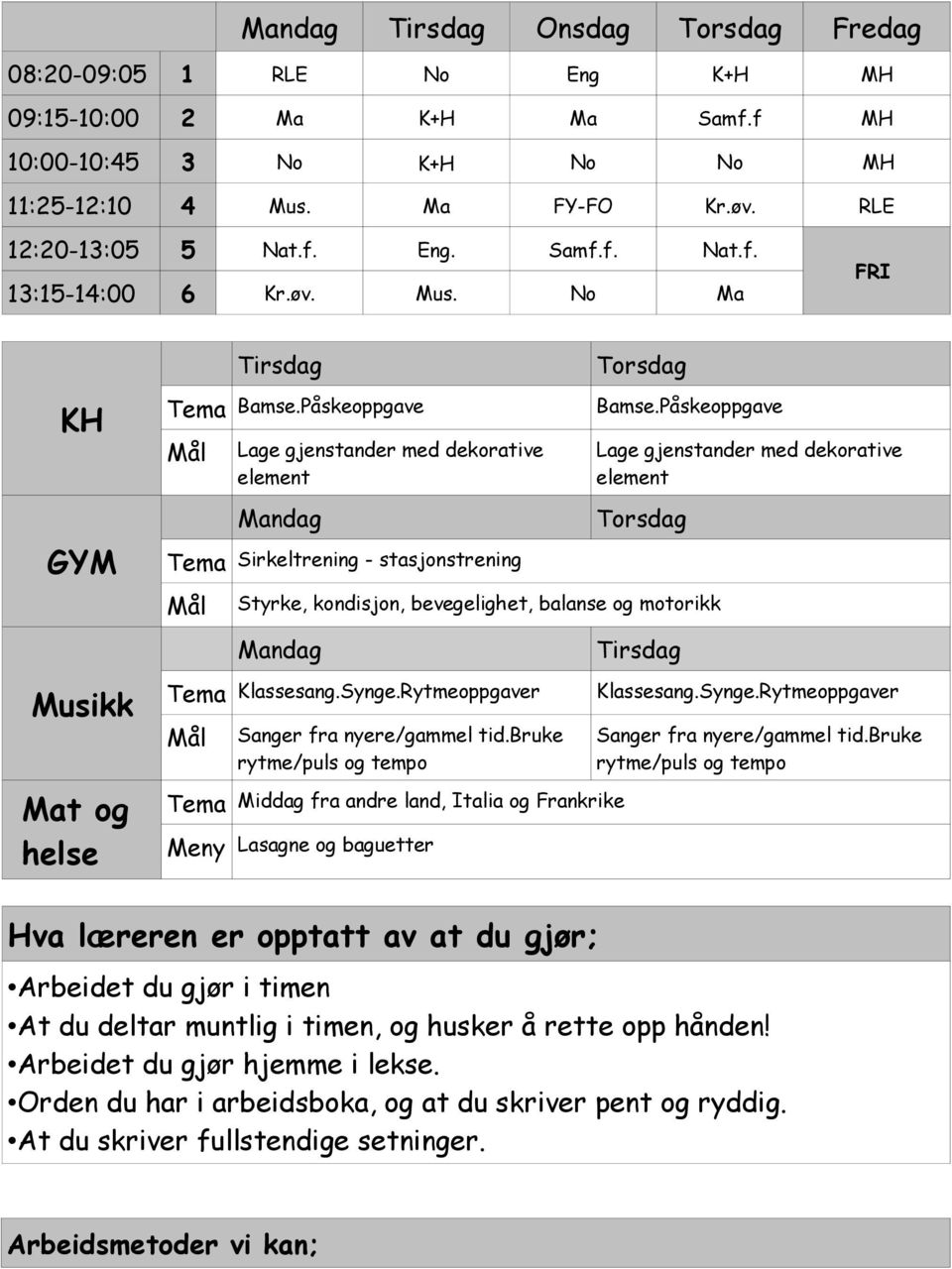 Påskeoppgave Lage gjenstander med dekorative element Torsdag Styrke, kondisjon, bevegelighet, balanse og motorikk Mandag Klassesang.Synge.Rytmeoppgaver Sanger fra nyere/gammel tid.