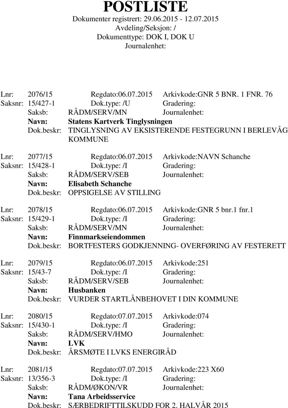 beskr: OPPSIGELSE AV STILLING Lnr: 2078/15 Regdato:06.07.2015 Arkivkode:GNR 5 bnr.1 fnr.1 Saksnr: 15/429-1 Dok.type: /I Gradering: Saksb: RÅDM/SERV/MN Navn: Finnmarkseiendommen Dok.