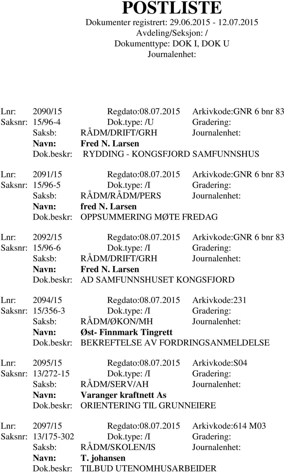 beskr: OPPSUMMERING MØTE FREDAG Lnr: 2092/15 Regdato:08.07.2015 Arkivkode:GNR 6 bnr 83 Saksnr: 15/96-6 Dok.type: /I Gradering: Saksb: RÅDM/DRIFT/GRH Navn: Fred N. Larsen Dok.