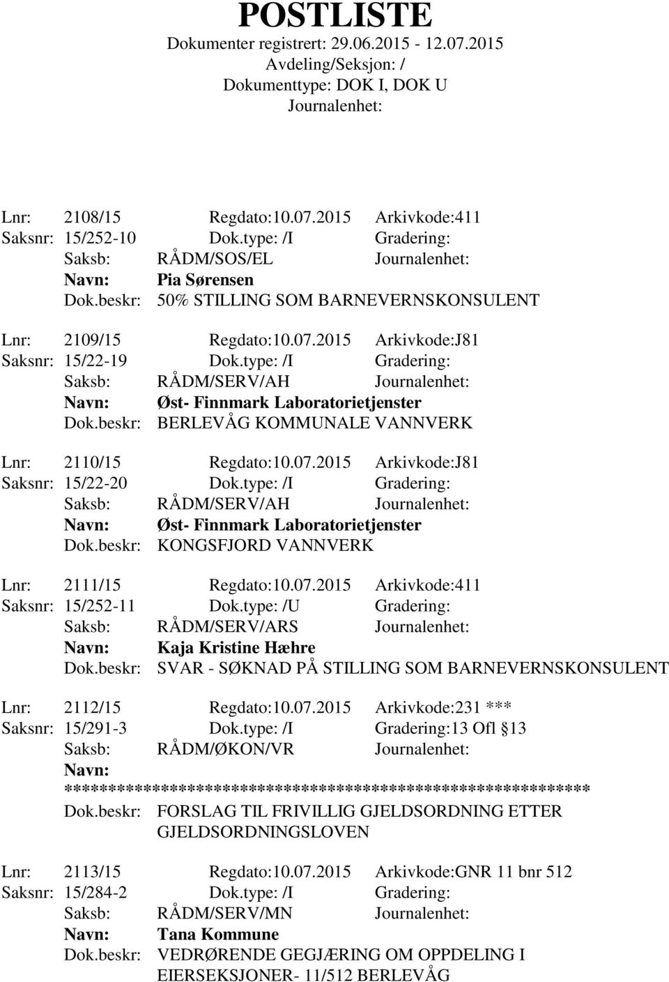 type: /I Gradering: Saksb: RÅDM/SERV/AH Navn: Øst- Finnmark Laboratorietjenster Dok.beskr: KONGSFJORD VANNVERK Lnr: 2111/15 Regdato:10.07.2015 Arkivkode:411 Saksnr: 15/252-11 Dok.