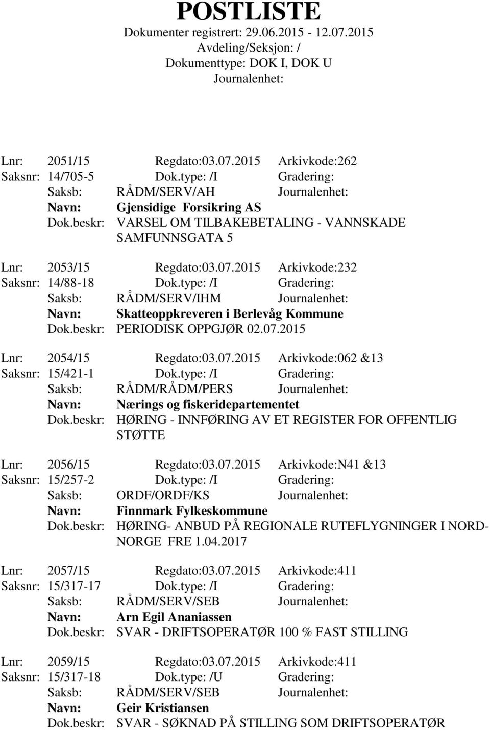 type: /I Gradering: Saksb: RÅDM/SERV/IHM Navn: Skatteoppkreveren i Berlevåg Kommune Dok.beskr: PERIODISK OPPGJØR 02.07.2015 Lnr: 2054/15 Regdato:03.07.2015 Arkivkode:062 &13 Saksnr: 15/421-1 Dok.