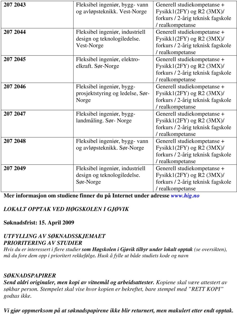 Sør-Norge 207 2049 Fleksibel ingeniør, industriell Sør-Norge Mer informasjon om studiene finner du på Internet under adresse www.hig.no LOKALT OPPTAK VED HØGSKOLEN I GJØVIK Søknadsfrist: 15.