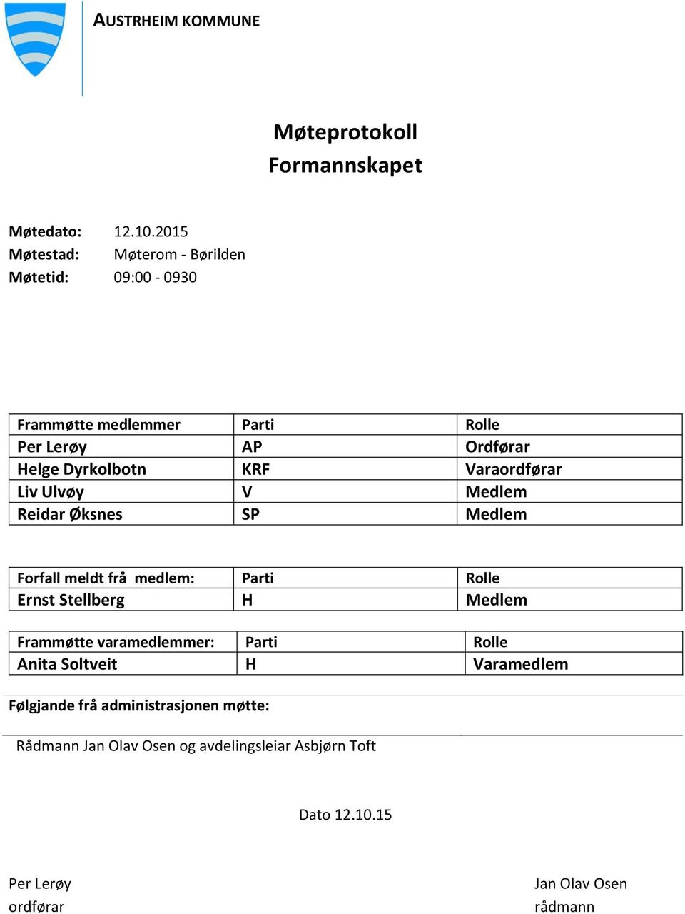 Varaordførar Liv Ulvøy V Medlem Reidar Øksnes SP Medlem Forfall meldt frå medlem: Parti Rolle Ernst Stellberg H Medlem Frammøtte