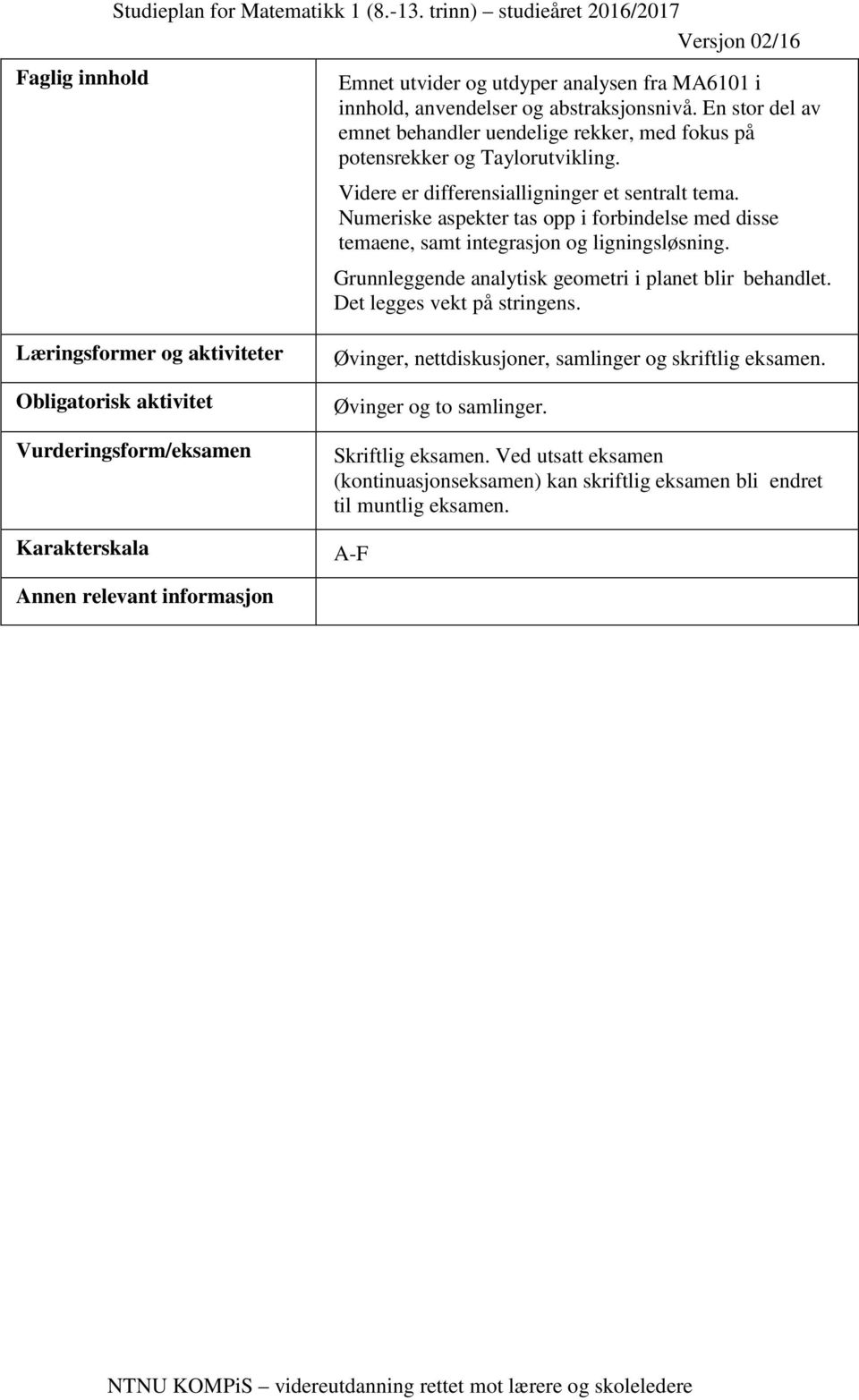 Numeriske aspekter tas opp i forbindelse med disse temaene, samt integrasjon og ligningsløsning. Grunnleggende analytisk geometri i planet blir behandlet. Det legges vekt på stringens.