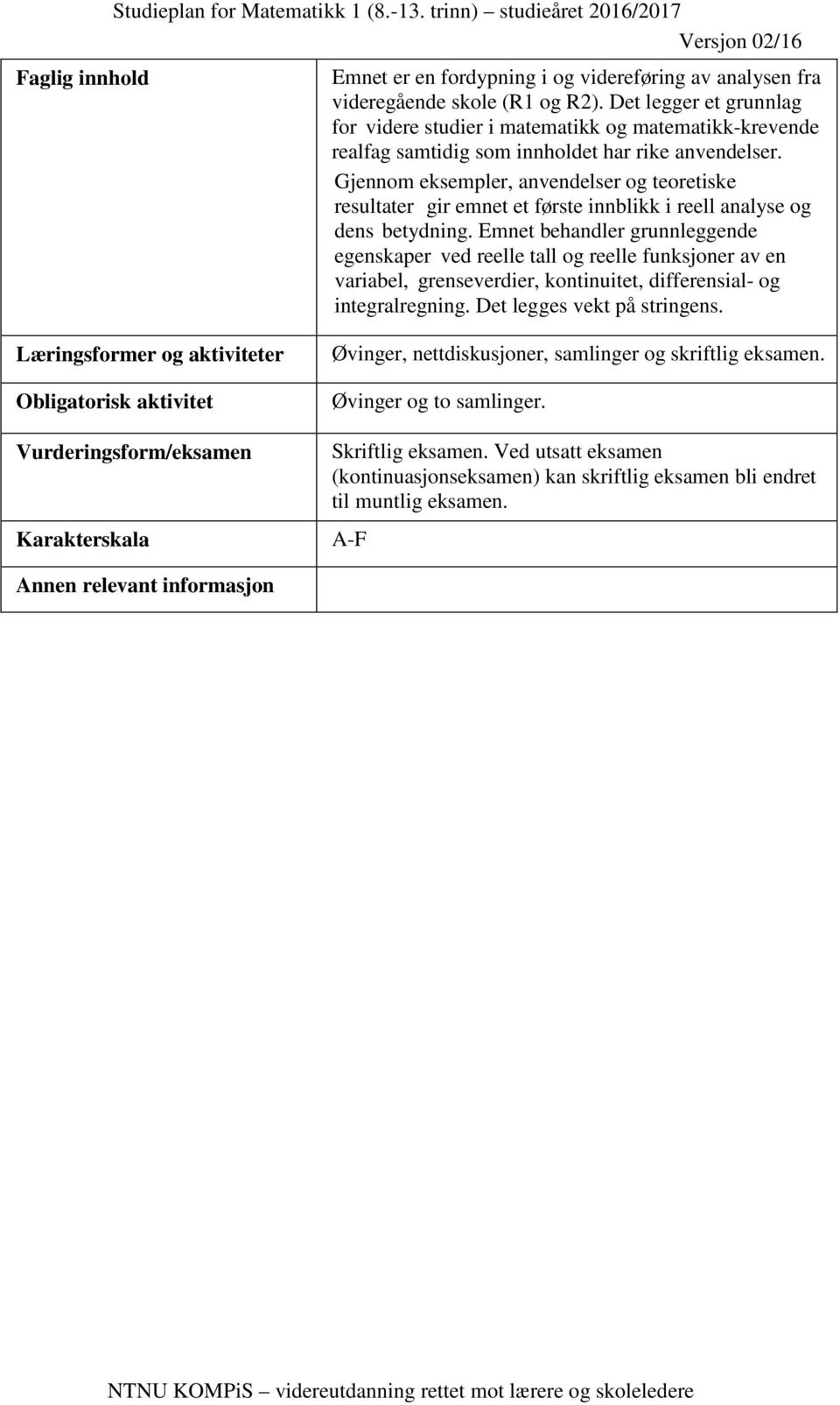 Gjennom eksempler, anvendelser og teoretiske resultater gir emnet et første innblikk i reell analyse og dens betydning.