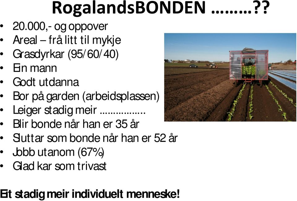 meir.. Blir bonde når han er 35 år Sluttar som bonde når han er 52 år