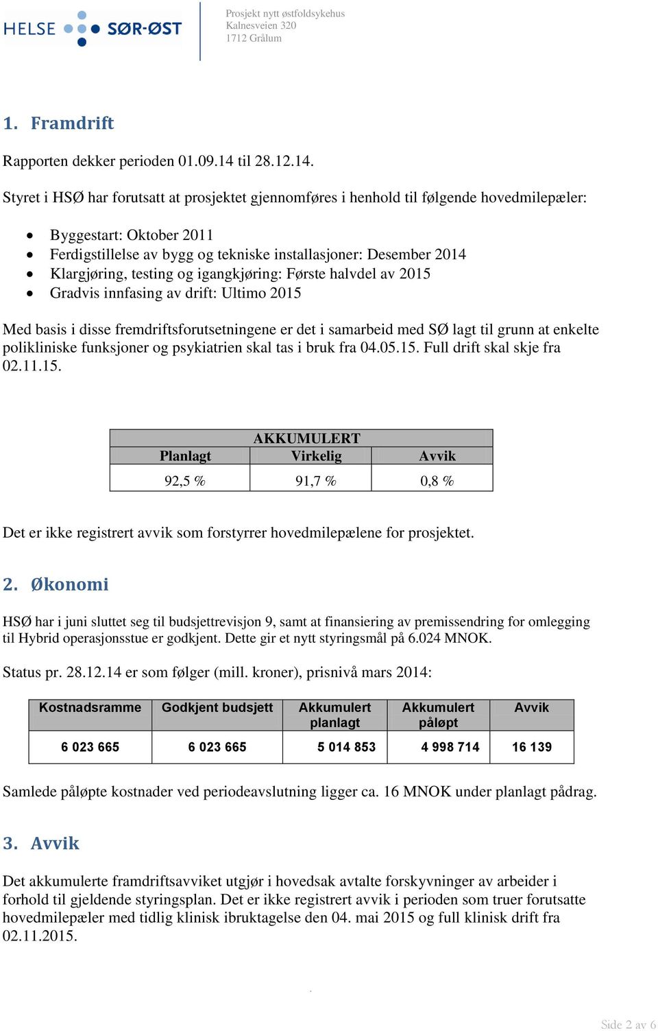 samarbeid med SØ lagt til grunn at enkelte polikliniske funksjoner og psykiatrien skal tas i bruk fra 040515 Full drift skal skje fra 021115 AKKUMULERT Planlagt Virkelig Avvik 92,5 % 91,7 % 0,8 % Det