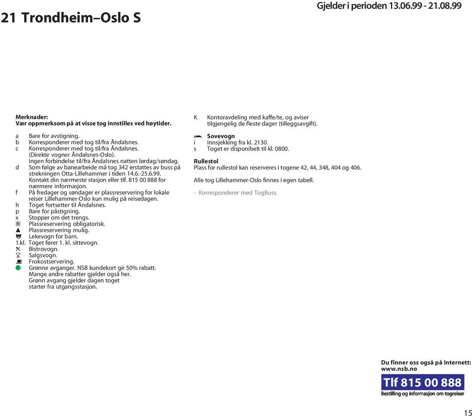 Kontakt din nærmeste stasjon eller tlf. 815 00 888 for nærmere informasjon. f På fredager og søndager er plassreservering for lokale reiser Lillehammer-Oslo kun mulig på reisedagen.