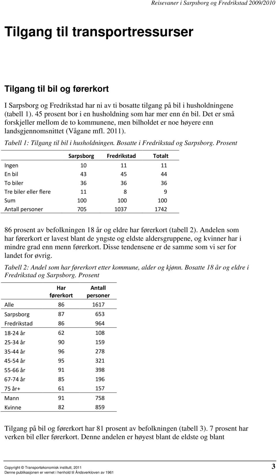 Tabell 1: Tilgang til bil i husholdningen. Bosatte i Fredrikstad og Sarpsborg.