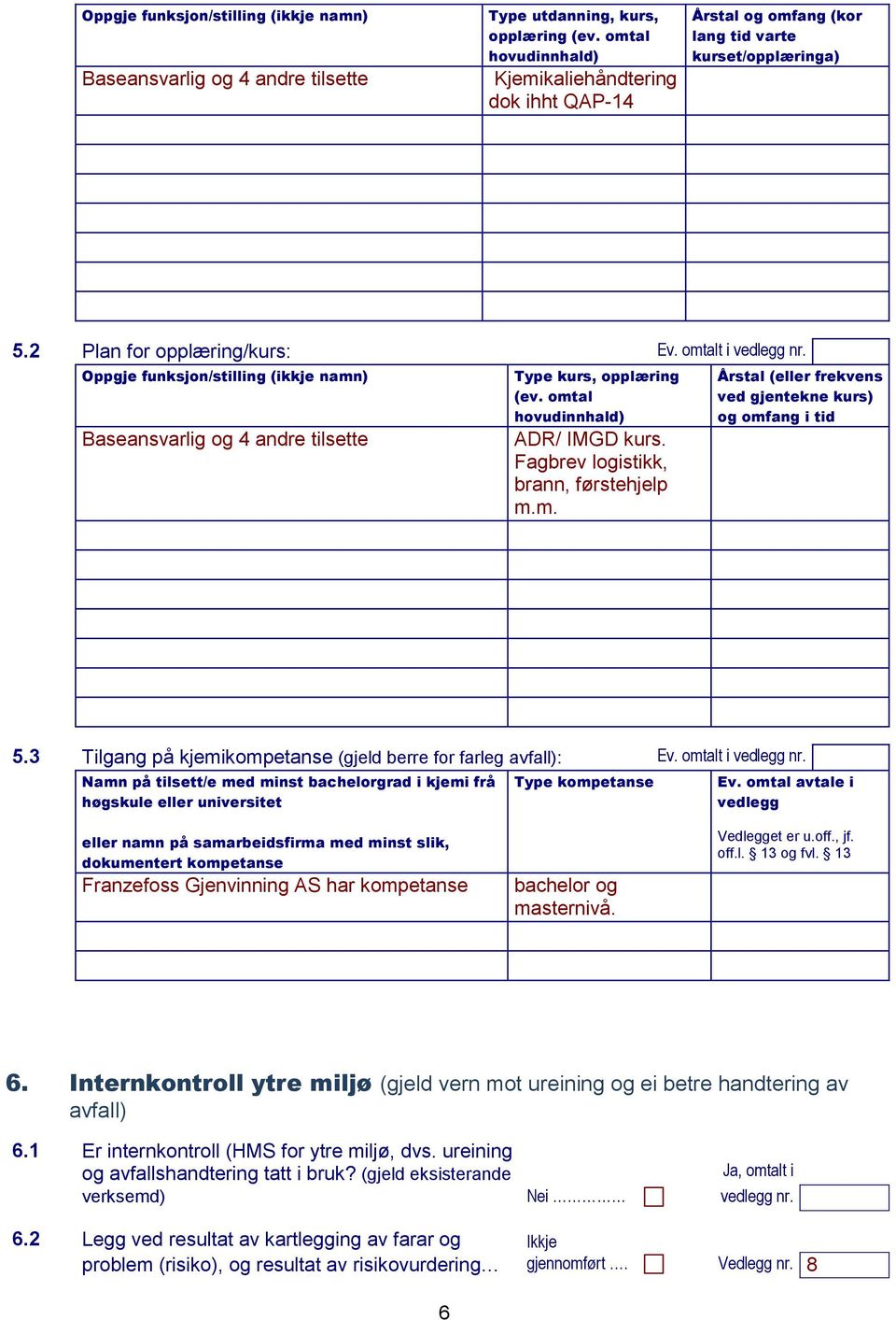 Oppgje funksjon/stilling (ikkje namn) Baseansvarlig og 4 andre tilsette Type kurs, opplæring (ev. omtal hovudinnhald) ADR/ IMGD kurs. Fagbrev logistikk, brann, førstehjelp m.m. Årstal (eller frekvens ved gjentekne kurs) og omfang i tid 5.