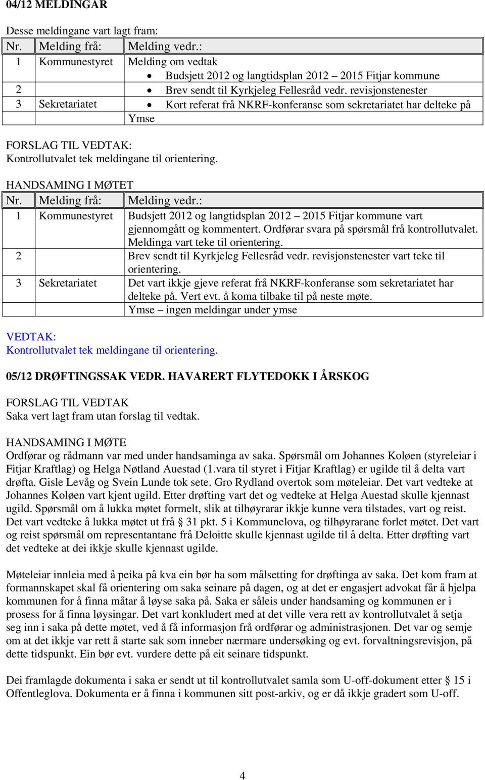 revisjonstenester 3 Sekretariatet Kort referat frå NKRF-konferanse som sekretariatet har delteke på Ymse FORSLAG TIL : Kontrollutvalet tek meldingane til orientering. Nr. Melding frå: Melding vedr.