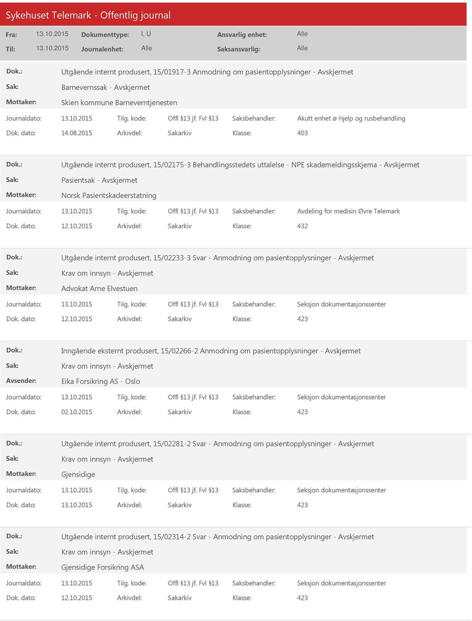 Utgående internt produsert, 15/02233-3 Svar - Anmodning om pasientopplysninger - Krav om innsyn - Advokat Arne Elvestuen Inngående eksternt produsert, 15/02266-2 Anmodning om pasientopplysninger -