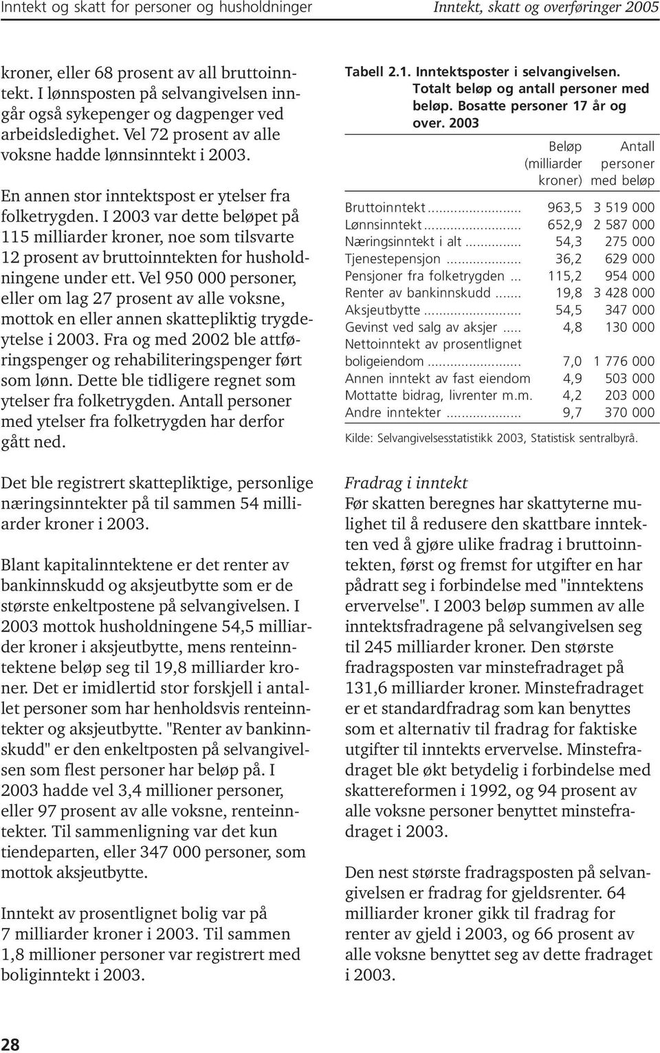 En annen stor inntektspost er ytelser fra folketrygden. I 2003 var dette beløpet på 115 milliarder kroner, noe som tilsvarte 12 prosent av bruttoinntekten for husholdningene under ett.