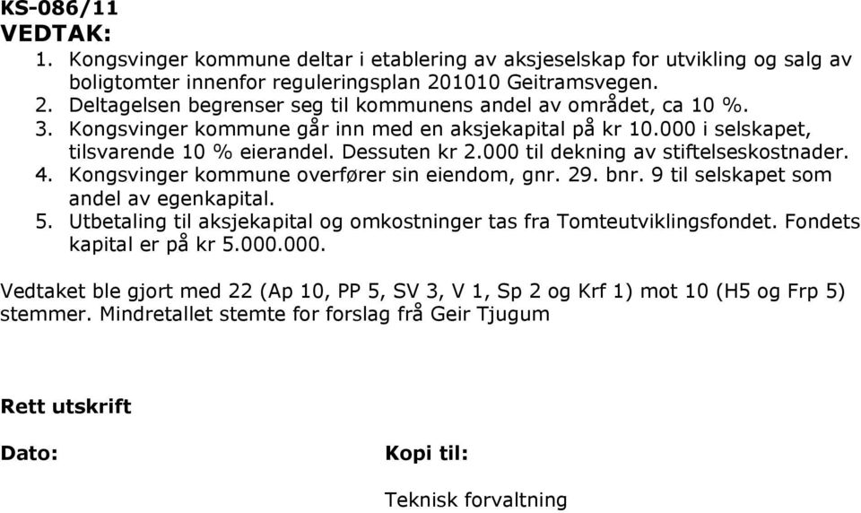 Dessuten kr 2.000 til dekning av 4. Kongsvinger kommune overfører sin eiendom, gnr. 29. bnr. 9 til selskapet som andel av egenkapital. 5.