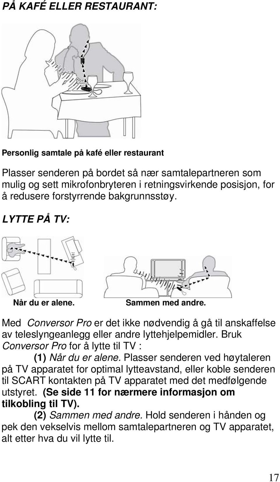 Bruk Conversor Pro for å lytte til TV : (1) Når du er alene.