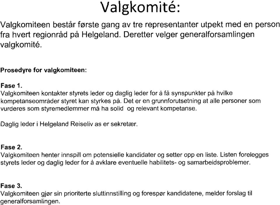 Det er en grunnforutsetning at alle personer som vurderes som styremedlemmer må ha solid og relevant kompetanse. Daglig leder i Helgeland Reiseliv as er sekretær. Fase 2.