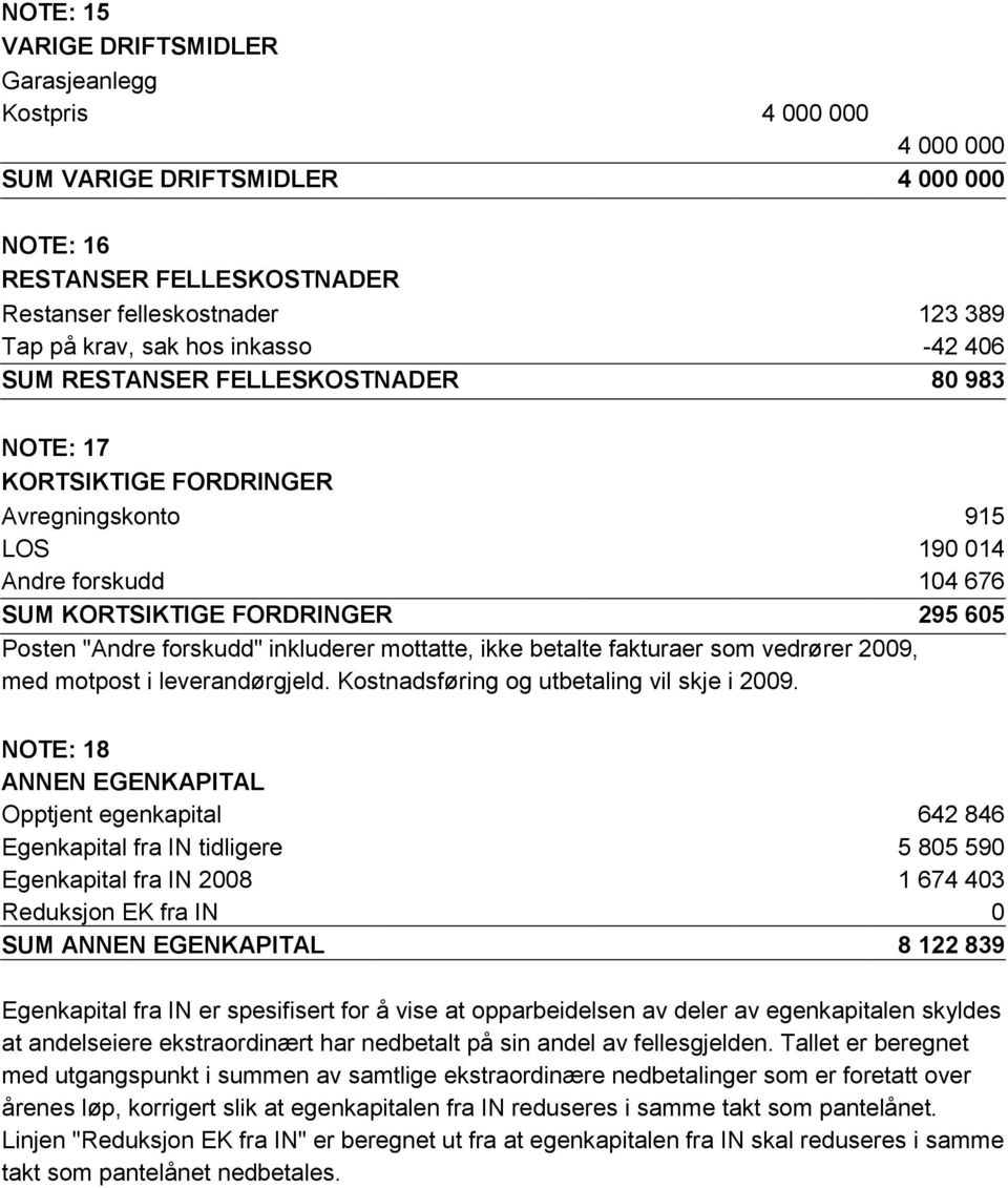 inkluderer mottatte, ikke betalte fakturaer som vedrører 2009, med motpost i leverandørgjeld. Kostnadsføring og utbetaling vil skje i 2009.