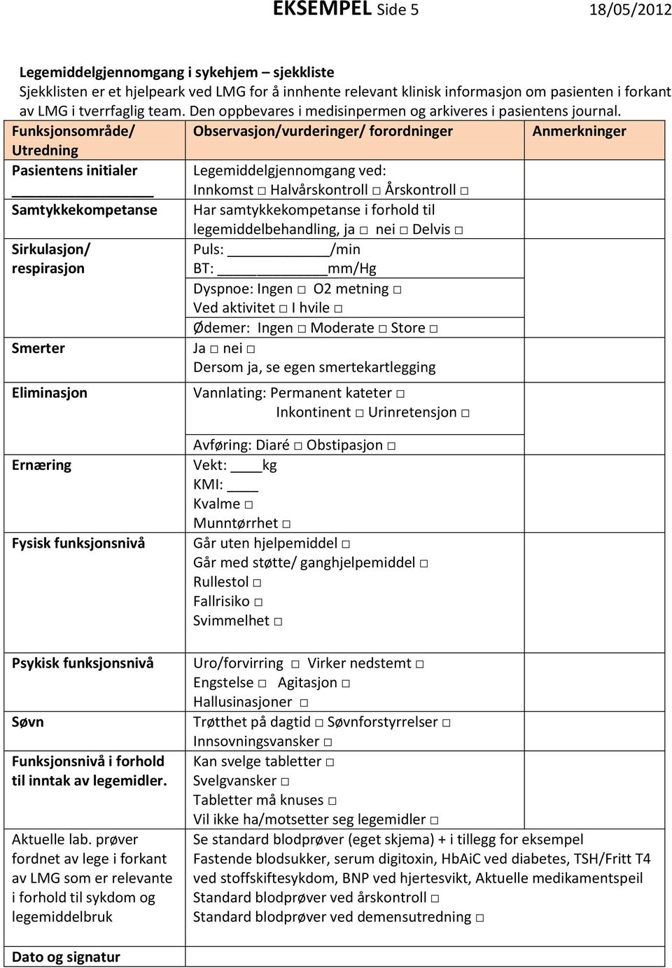 Funksjonsområde/ Observasjon/vurderinger/ forordninger Anmerkninger Utredning Pasientens initialer Legemiddelgjennomgang ved: Innkomst Halvårskontroll Årskontroll Samtykkekompetanse Har