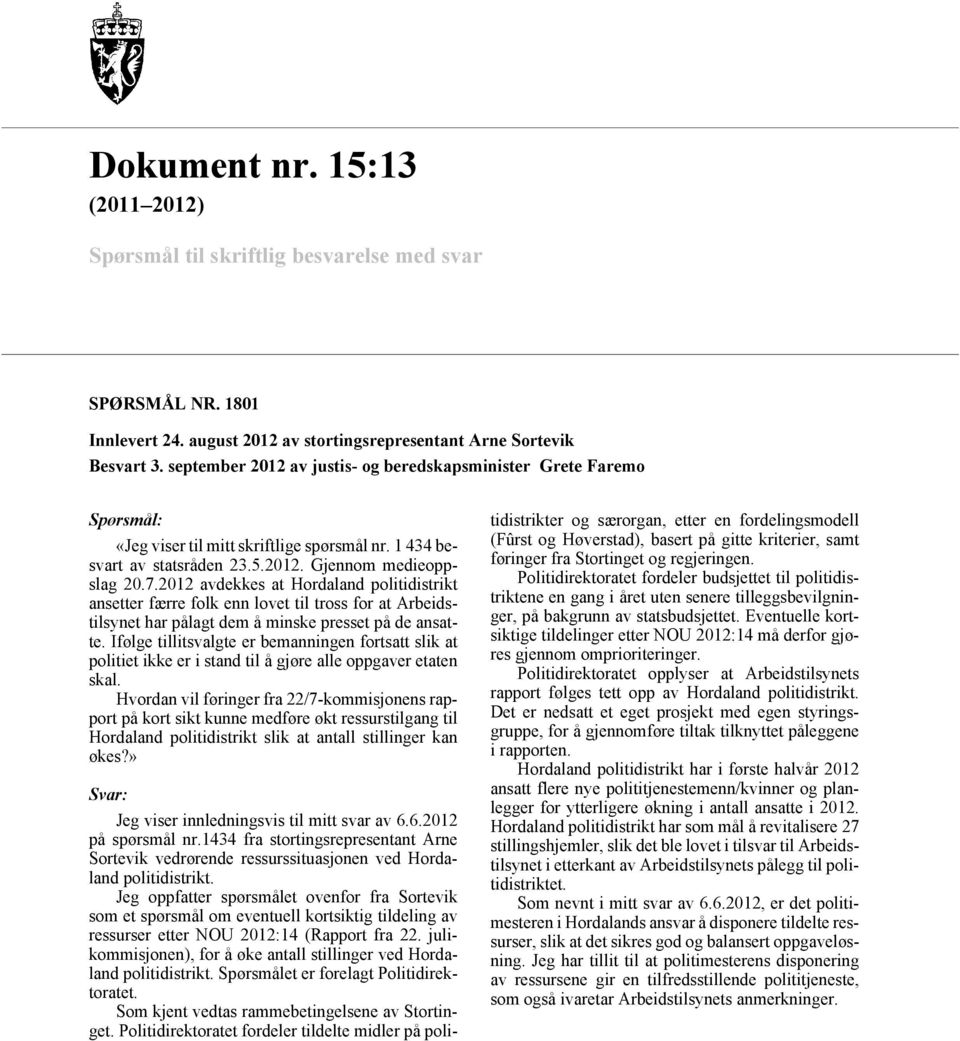 2012 avdekkes at Hordaland politidistrikt ansetter færre folk enn lovet til tross for at Arbeidstilsynet har pålagt dem å minske presset på de ansatte.