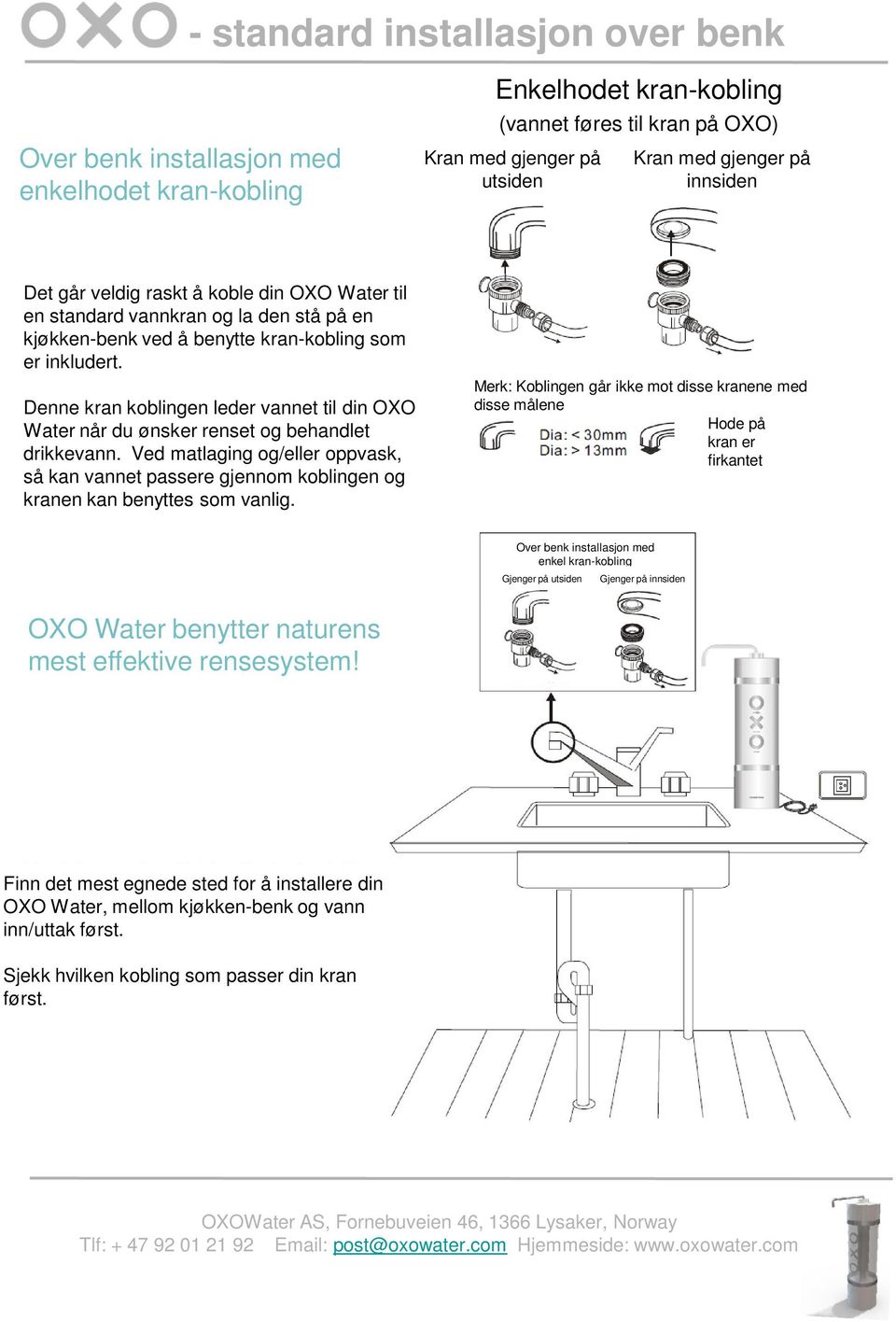 Denne kran koblingen leder vannet til din OXO Water når du ønsker renset og behandlet drikkevann.