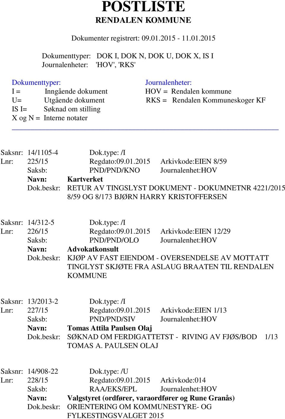 beskr: KJ 0 1P AV FAST EIENDOM - OVERSENDELSE AV MOTTATT TINGLYST SKJ 0 1TE FRA ASLAUG BRAATEN TIL RENDALEN KOMMUNE Saksnr: 13/2013