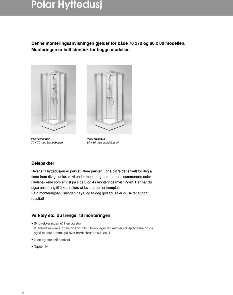 For å gjøre det enkelt for deg å finne frem riktige deler, vil vi under monteringen referere til nummererte deler i delepakkene som er vist på side 3 og 4 i monterings anvisningen.