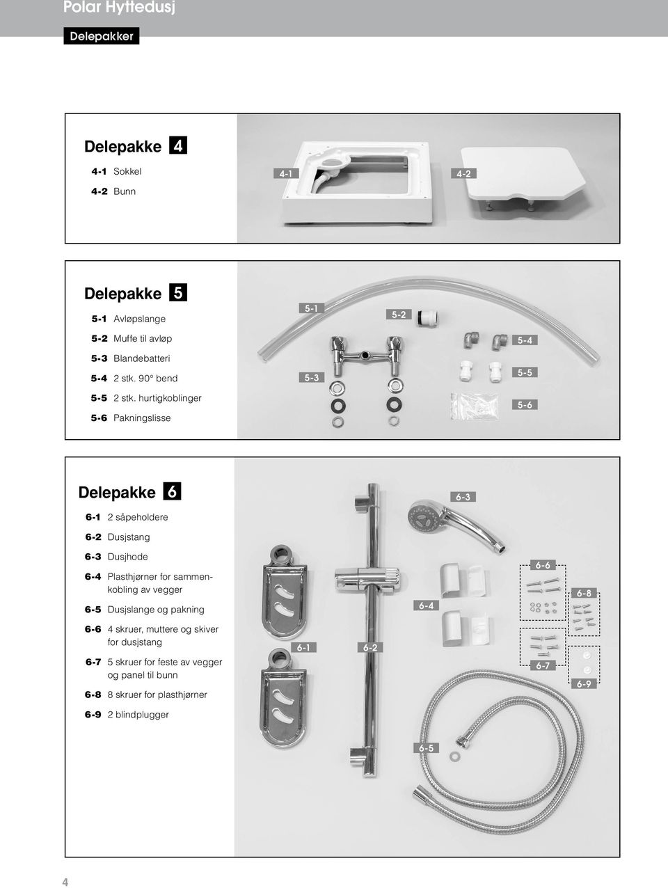 hurtigkoblinger 5-6 Pakningslisse 5-3 5-4 5-5 5-6 Delepakke 6 6-3 6-1 2 såpeholdere 6-2 Dusjstang 6-3 Dusjhode 6-4 Plasthjørner