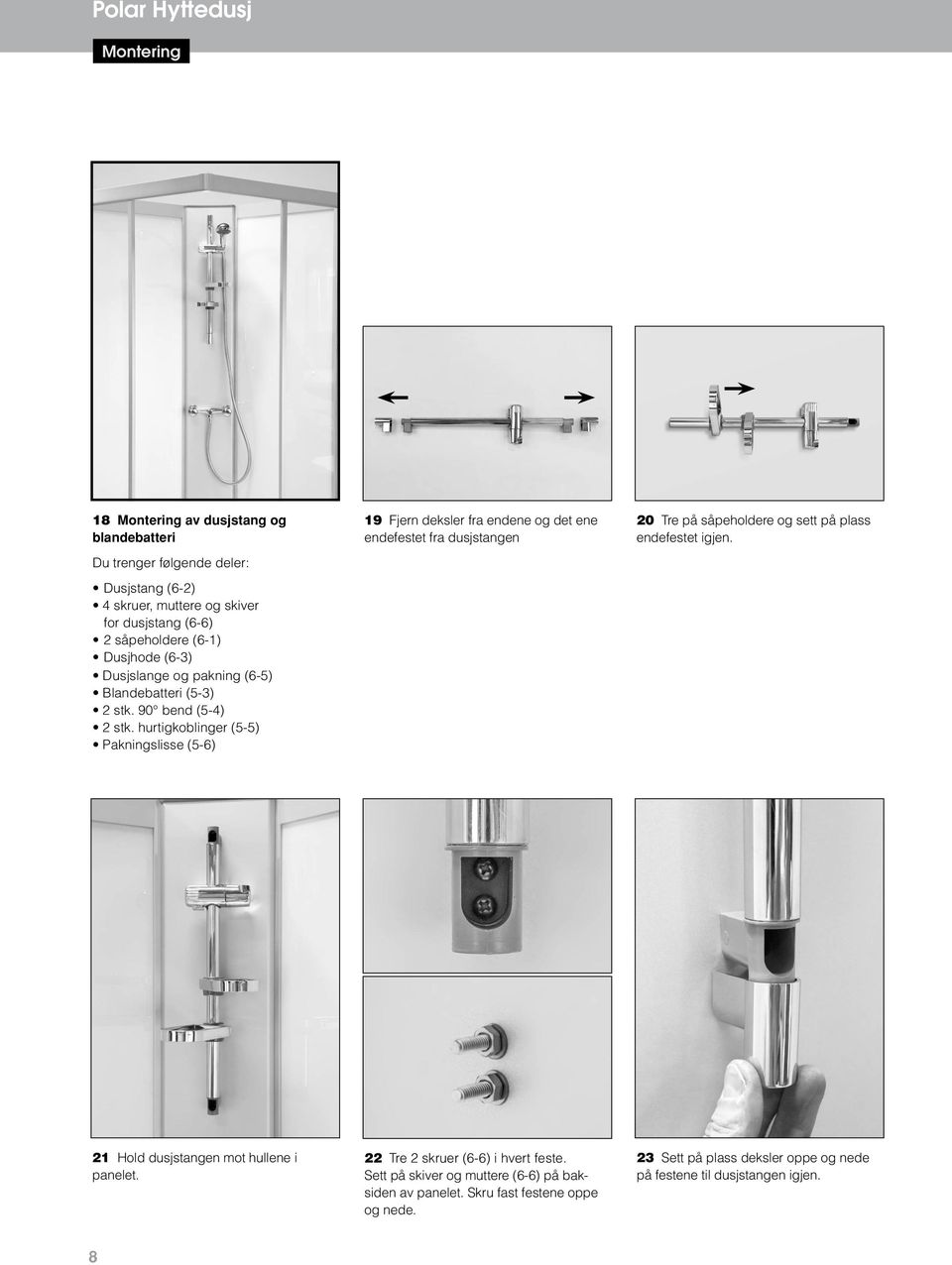 hurtigkoblinger (5-5) Pakningslisse (5-6) 19 Fjern deksler fra endene og det ene endefestet fra dusjstangen 20 Tre på såpeholdere og sett på plass endefestet igjen.