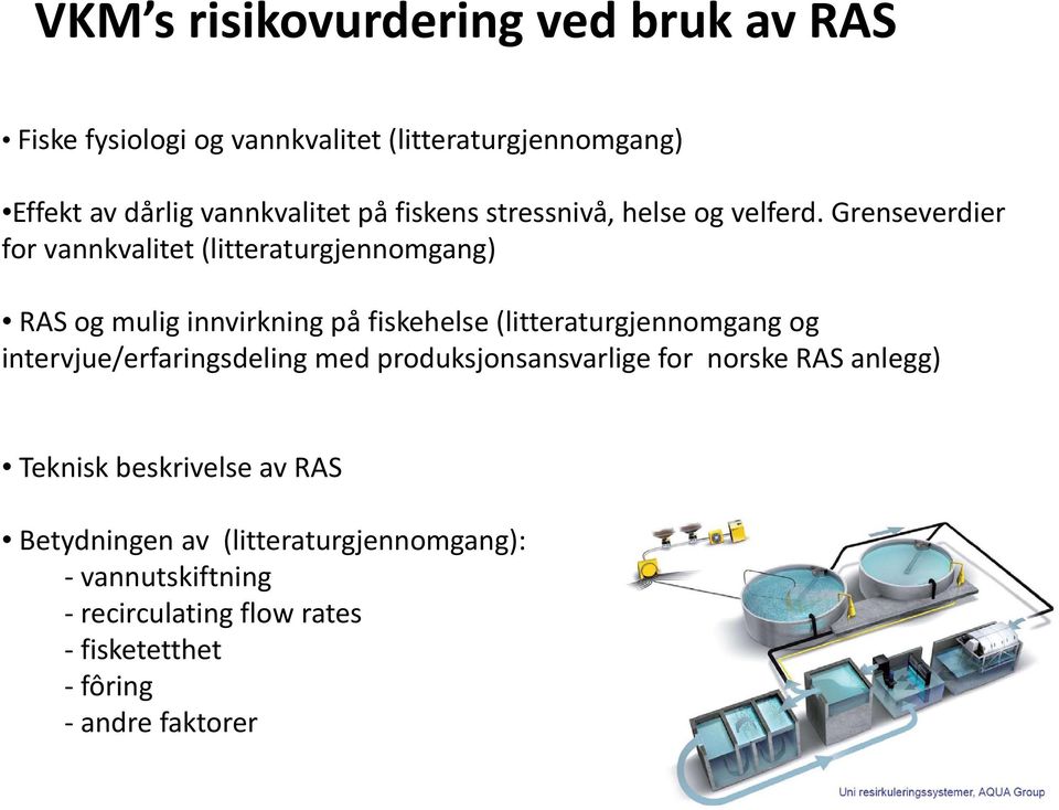 Grenseverdier for vannkvalitet (litteraturgjennomgang) RAS og mulig innvirkning på fiskehelse (litteraturgjennomgang og