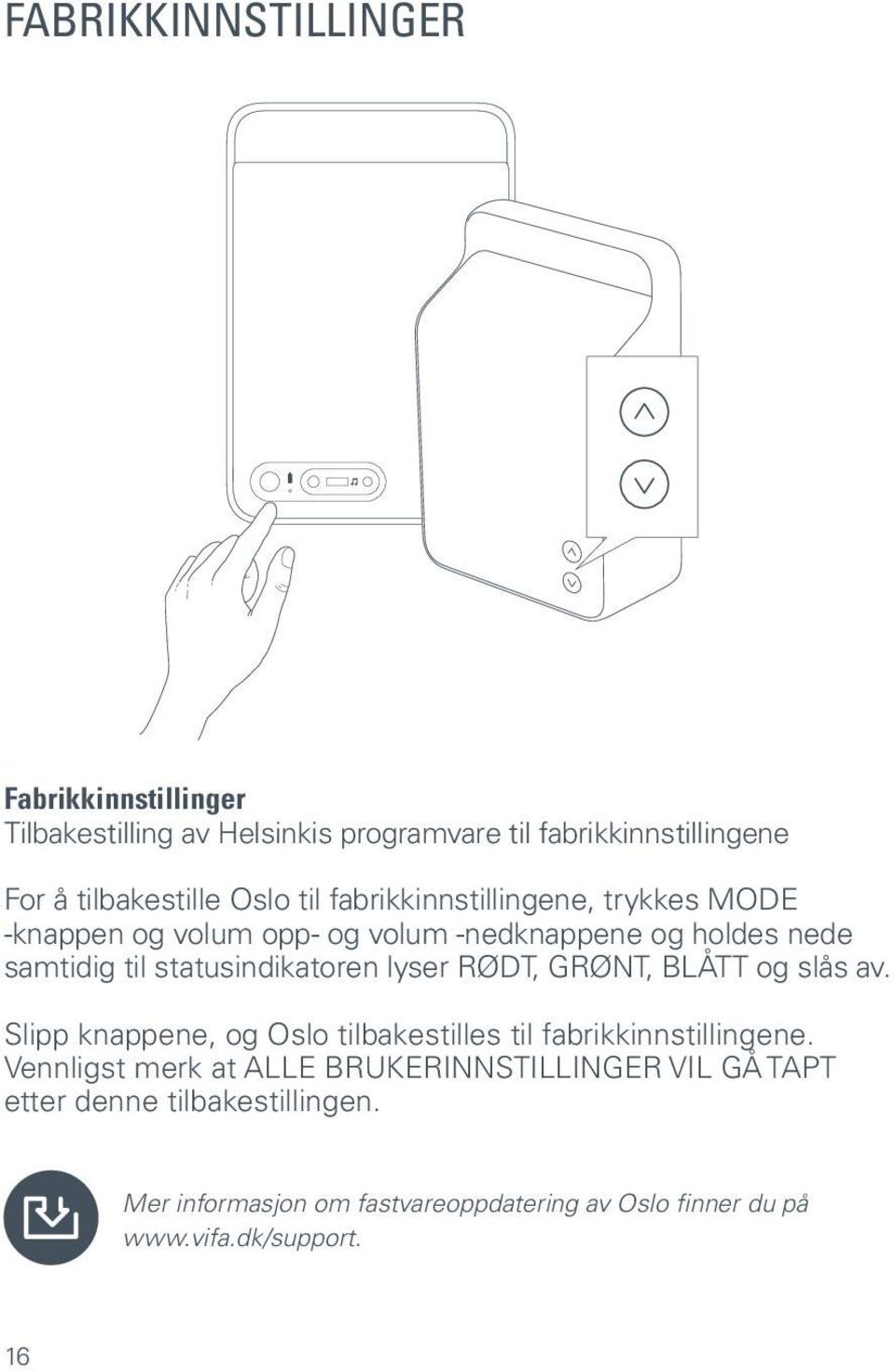 lyser RØDT, GRØNT, BLÅTT og slås av. Slipp knappene, og Oslo tilbakestilles til fabrikkinnstillingene.